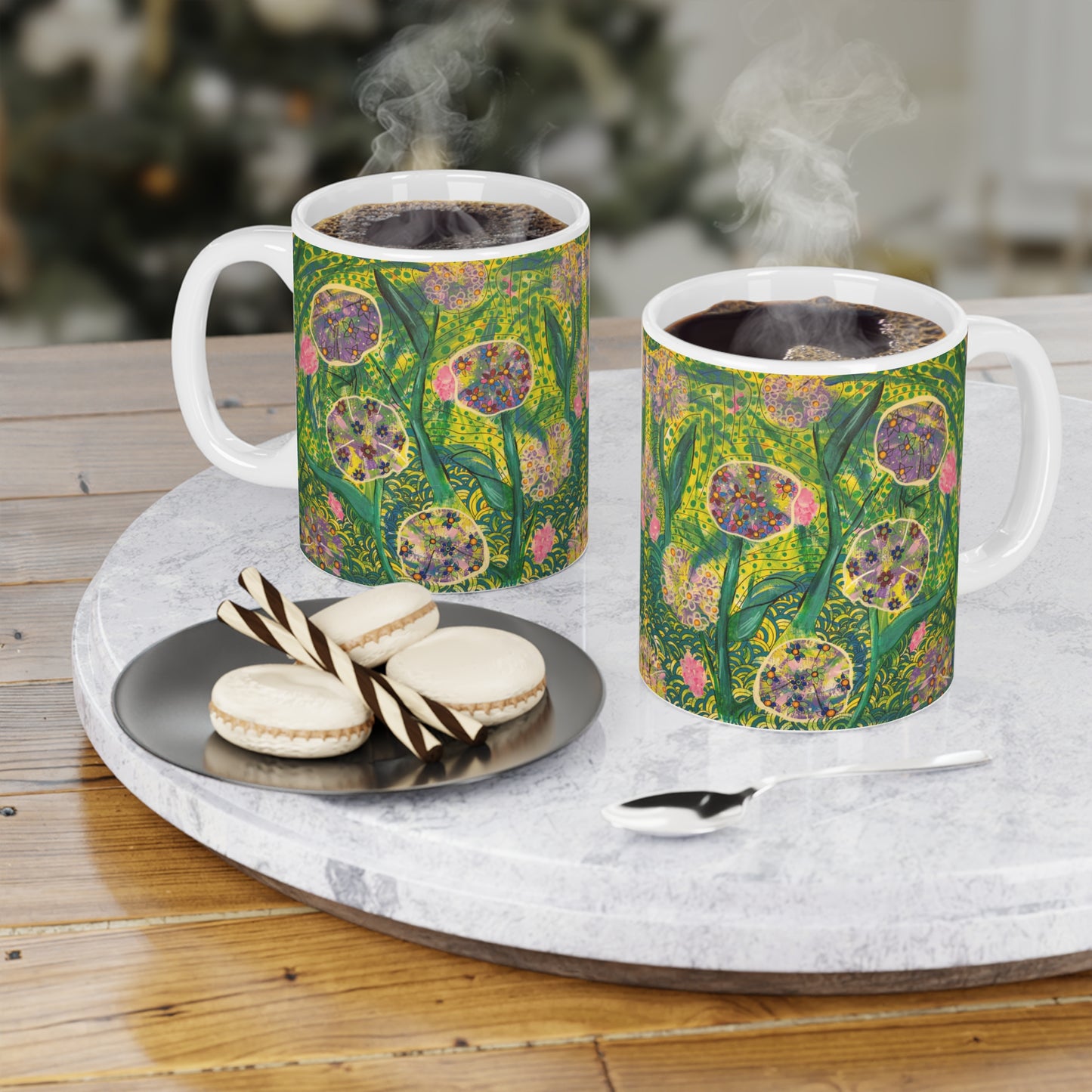The "Morning Growth" 11oz Ceramic Mug — Vibrant Green Botanical Art Coffee Cup