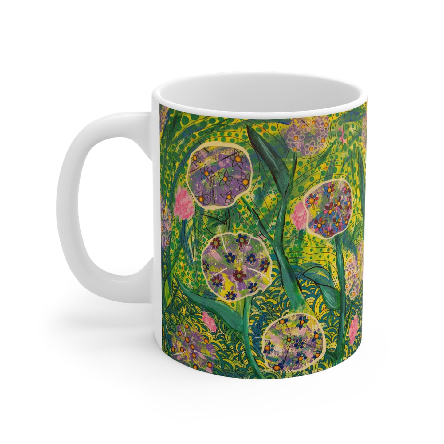The "Morning Growth" 11oz Ceramic Mug — Vibrant Green Botanical Art Coffee Cup