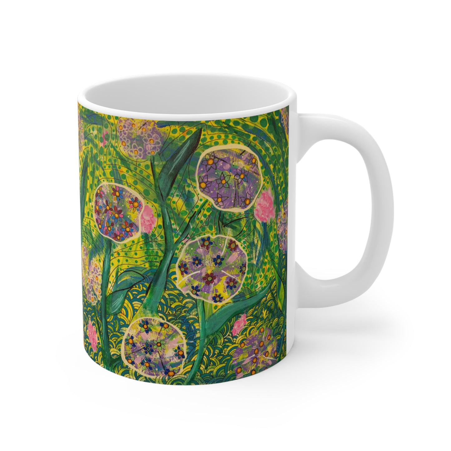 The "Morning Growth" 11oz Ceramic Mug — Vibrant Green Botanical Art Coffee Cup