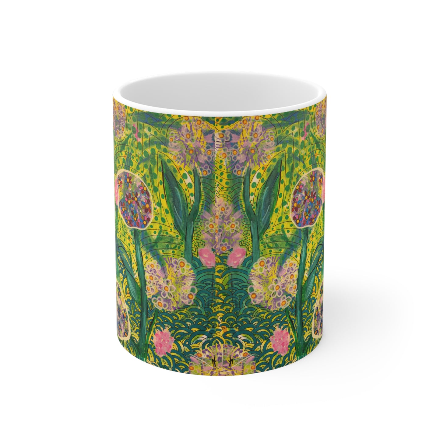The "Morning Growth" 11oz Ceramic Mug — Vibrant Green Botanical Art Coffee Cup