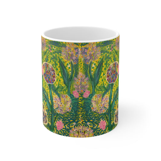 The "Morning Growth" 11oz Ceramic Mug — Vibrant Green Botanical Art Coffee Cup